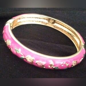 Jiu Long Xing Pink Floral Enamel Bangle Bracelet Gold Tone Hinged